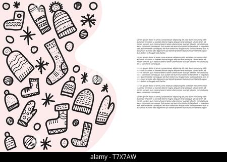 Vector template for banner with knitted winter clothes. Warm socks, beanies, gloves set. Stock Vector