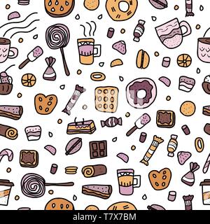 Seamless pattern of desserts. Sweets cakes, donuts, candy and others snacks in doodle style endless background. Stock Vector