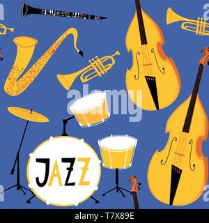 Vector jazz seamless pattern with musical instruments Stock Vector