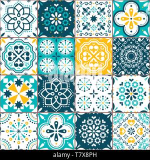 Lisbon Azujelo vector seamless tiles design - Portuguese retro pattern in turqouoise and yellow Stock Vector