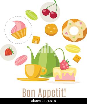 Tea  illustration design with tea cup and sweets elements Stock Vector