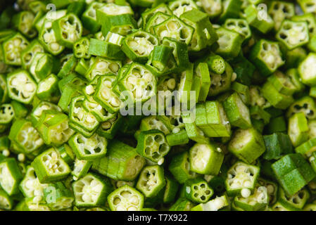 Closeup of cut okras. Okras are also known as ladies fingers. Stock Photo