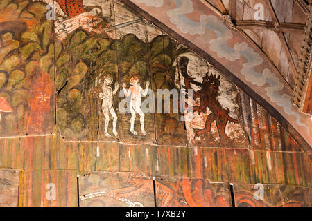 Doom painting on wooden panels at Saint James the Great church, Dauntsey, Wiltshire, England, UK Stock Photo