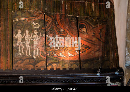 Doom painting on wooden panels at Saint James the Great church, Dauntsey, Wiltshire, England, UK Stock Photo