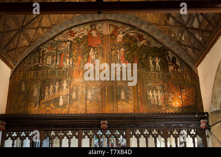 Doom painting on wooden panels at Saint James the Great church, Dauntsey, Wiltshire, England, UK Stock Photo