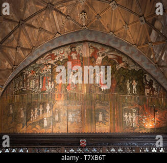 Doom painting on wooden panels at Saint James the Great church, Dauntsey, Wiltshire, England, UK Stock Photo