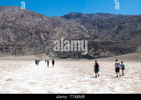 Landscape, Badwater Basin, Death Valley National Park, California, USA. Tourists walking on the salt crust *** Local Caption *** Stock Photo