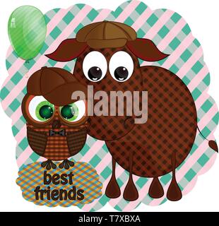 Little cute donkey and owl vector illustration. cartoon vector illustration with donkey and owl. best friends owl and donkey vector illustration. Stock Vector