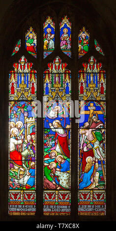 Stained glass window Holy Trinity church, Long Melford, Suffolk, England, UK by William Wailes circa 1861 Stock Photo