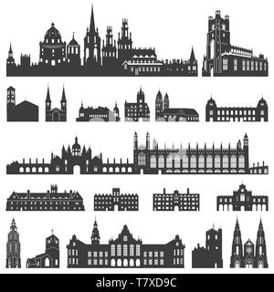 vector collection of isolated palaces, temples, churches, cathedrals, castles, city halls, edifices,  ancient buildings and other architectural monume Stock Vector