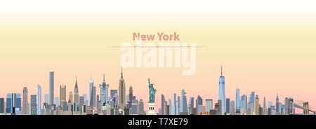 Vector illustration of New York city skyline on colorful gradient beautiful day sky background with flag of United States Stock Vector