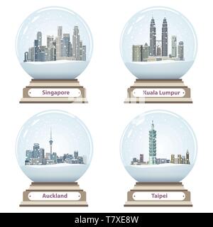 vector collection of snow globes with Singapore, Kuala Lumpur, Auckland and Taipei city skylines Stock Vector