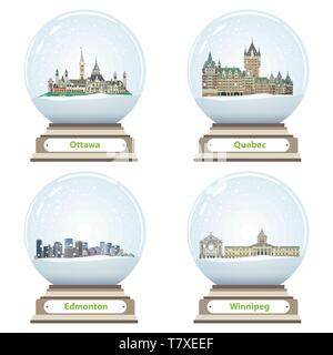 vector collection of snow globes with canadian city skylines Stock Vector