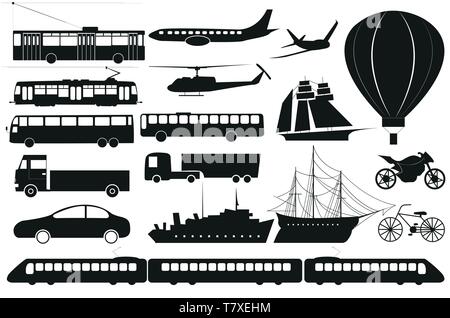 vector set of isolated transport vehicles silhouettes Stock Vector