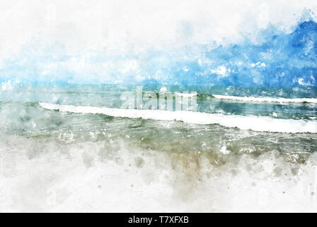 Abstract soft wave water sea watercolor illustration painting background. Stock Photo