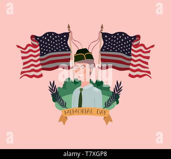 military man with uniform in the field with usa flags crossed Stock Vector