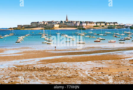 Mooring boats in the bay of Saint-Malo. Stock Photo