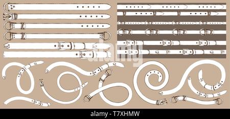 Set of brush patterns with retro hand-drawn sketch belt on white background. Drawing engraving texture Great design for fabric fashion, textile Stock Vector