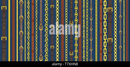 Seamless pattern with retro hand-drawn sketch belts, chain on dark blue background. Drawing engraving illustration Great design for fabric Stock Vector