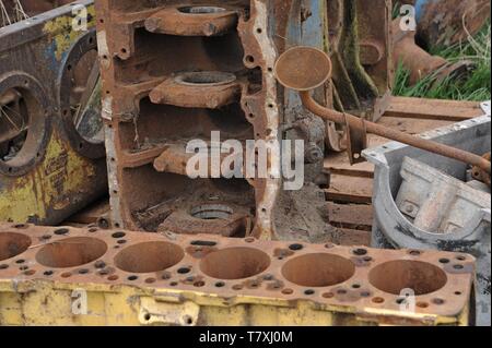 Engine block and diesel engine components  on sale at a farm auction, Upper Venn Farm, Herefordshire Stock Photo