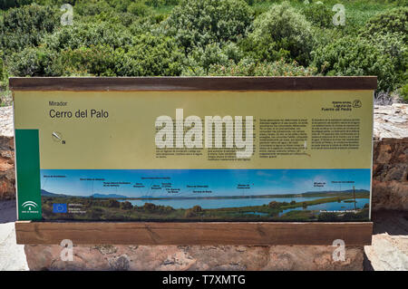 One of the View description signs at a Mirador, or Viewpoint at the Fuente de Piedra Nature Reserve in Andalucia, Spain. Stock Photo