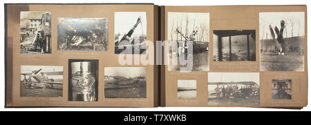 A photo album of Replacement Flying Detachment 6 - Defence Squadron 11. Inscribed album with ca. 354 top quality images of German aviation personnel. Biplanes and monoplanes of many types, aerial views of military installations, aircraft and towns, group images with decorations, trenches, aircraft with special paint, recognition and other markings. Images of crashed and shot-down machines, visit to the troops by Crown Prince Wilhelm of Prussia and General Field Marshal von Hindenburg, portraits, pictures of the 'flyer's goblet', Boelcke wearing h, Additional-Rights-Clearance-Info-Not-Available Stock Photo