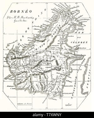 Old map of Borneo island on an ancient slightly yellowed paper. By unidentified author publ. on Magasin Pittoresque Paris 1848 Stock Photo