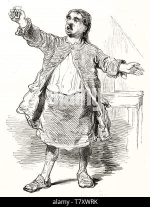Old rough style illustration depicting the king of drunkards, full body displayed and holding a glass in a classic drunk man pose. By Gavarni publ. on Magasin Pittoresque Paris 1848 Stock Photo