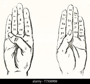 Left and right hand palm with numbers drawed on each finger. Old illustration about duodecimal calculation on fingers. Isolated elements on white background. Magasin Pittoresque Paris 1848 Stock Photo
