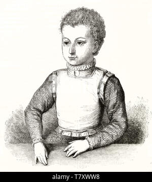 Ancient half body portrait of prince Henry IV Navarre, good king, in his childhood time. He looks calm and wise even in his childhood.  Magasin Pittoresque Paris 1848 Stock Photo