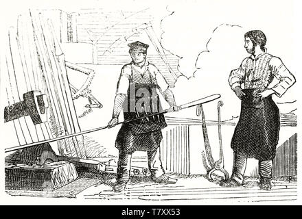 Two men using machines in an ancient foundery. Ancient grayscale etching style illustration by unidentified author publ. on Magasin Pittoresque Paris 1848 Iron production quater Stock Photo