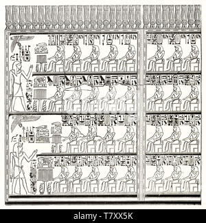 Ancient black and white hieroglyph depicting classic profile view egyptian pharaons. Old engraved reproduction of Karnak king list. By Prisse publ. on Magasin Pittoresque Paris 1848 Stock Photo