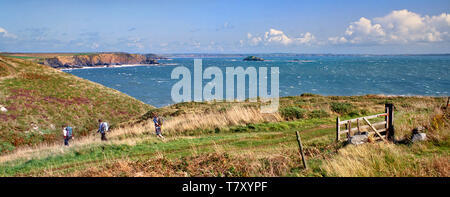 Coastal scenery, St Brides Bay, a view looking south, ramblers on the coastal path, Pembrokeshire, Wales Stock Photo