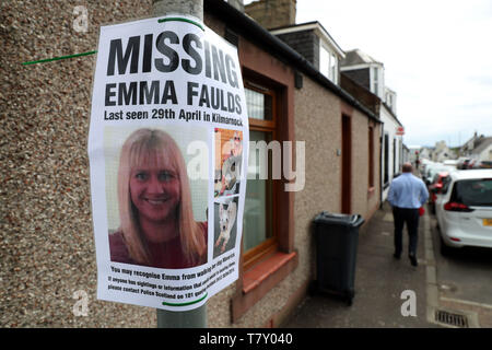 Missing person poster in Monkton, Ayrshire, where 39 year-old Emma Faulds from Kilmarnock was last seen after she was reported missing. A 39-year-old man has been arrested in connection with her disappearance. Stock Photo