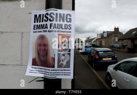 Missing person poster in Monkton, Ayrshire, where 39 year-old Emma Faulds from Kilmarnock was last seen after she was reported missing. A 39-year-old man has been arrested in connection with her disappearance. Stock Photo