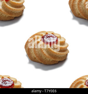Seamless pattern of shortbread cookie with jam on white background. Stock Photo