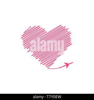 Plane and its track in the shape of a heart on white background. Vector illustration. Aircraft flight path and its route Stock Vector