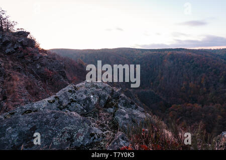 Cold sunrise in the Bode valley in the Harz mountains. Magnificent Cliffs Stock Photo
