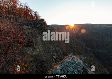 Cold sunrise in the Bode valley in the Harz mountains. Magnificent Cliffs Stock Photo