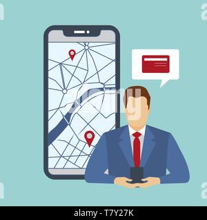 Vector illustration with businessmen looking for the nearest ATM ore bank branches on city map using mobile application on smartphone. Navigation in c Stock Vector