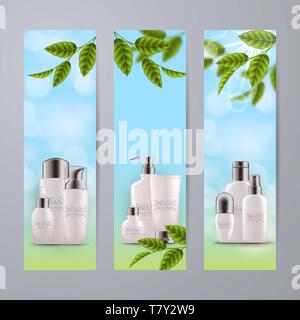 Set of realistic green glass bottles eco cosmetic Stock Vector