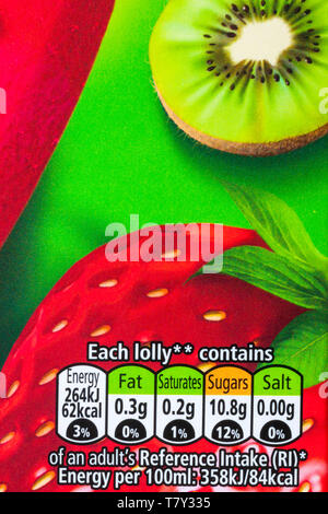 Reference intake nutritional information on box of Rowntrees Strawberry ice lollies - strawberry and kiwi water ice with chocolate flavoured pieces Stock Photo