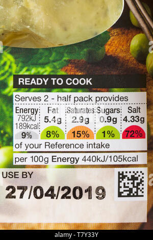 Reference intake nutritional information traffic light system labelling on food packaging Stock Photo