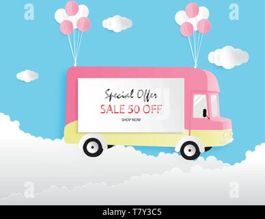 Sale banner template design, Big sale special. Sale season special offer banner. Van floating in the clouds and sky. Stock Vector