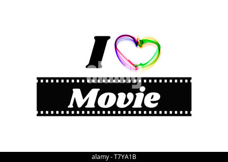 I love movie. Word on a film reel on white background Stock Photo