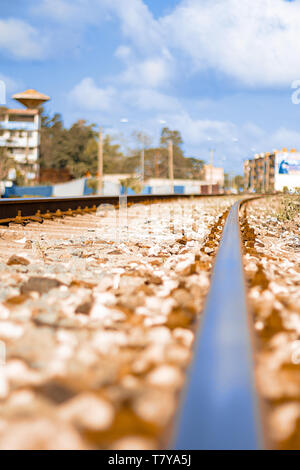 Close up of a train line, unfocused the beginning and end Stock Photo