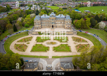 Aerial photograph of Bowes Museum, Barnard Castle, Teesdale, County Durham Stock Photo