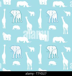 Hand drawn animals for kids on bright green background. Well crafted hand-drawn silhouettes print template for textile design. Stock Vector