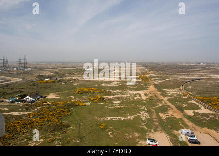 View from the top of the Old Dungeness lighthouse looking in land Stock Photo