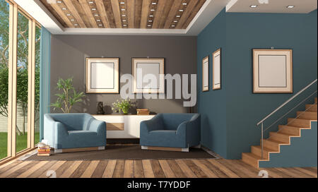 Blue modern living room with staircase,armchairs and sideboard - 3d rendering Stock Photo